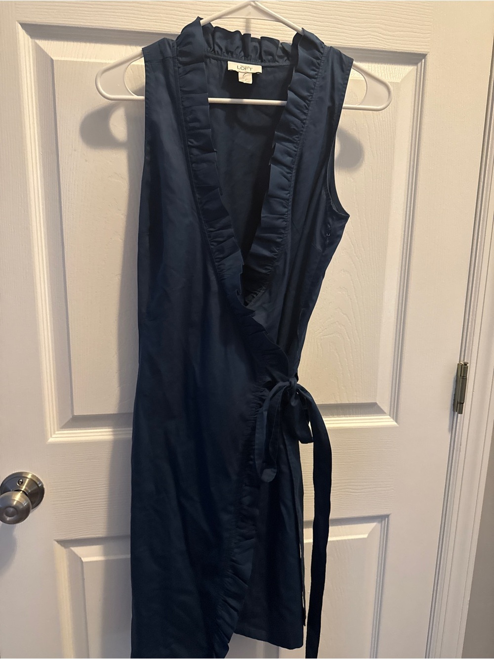 LOFT Navy Ruffle-Trim Wrap Midi Dress